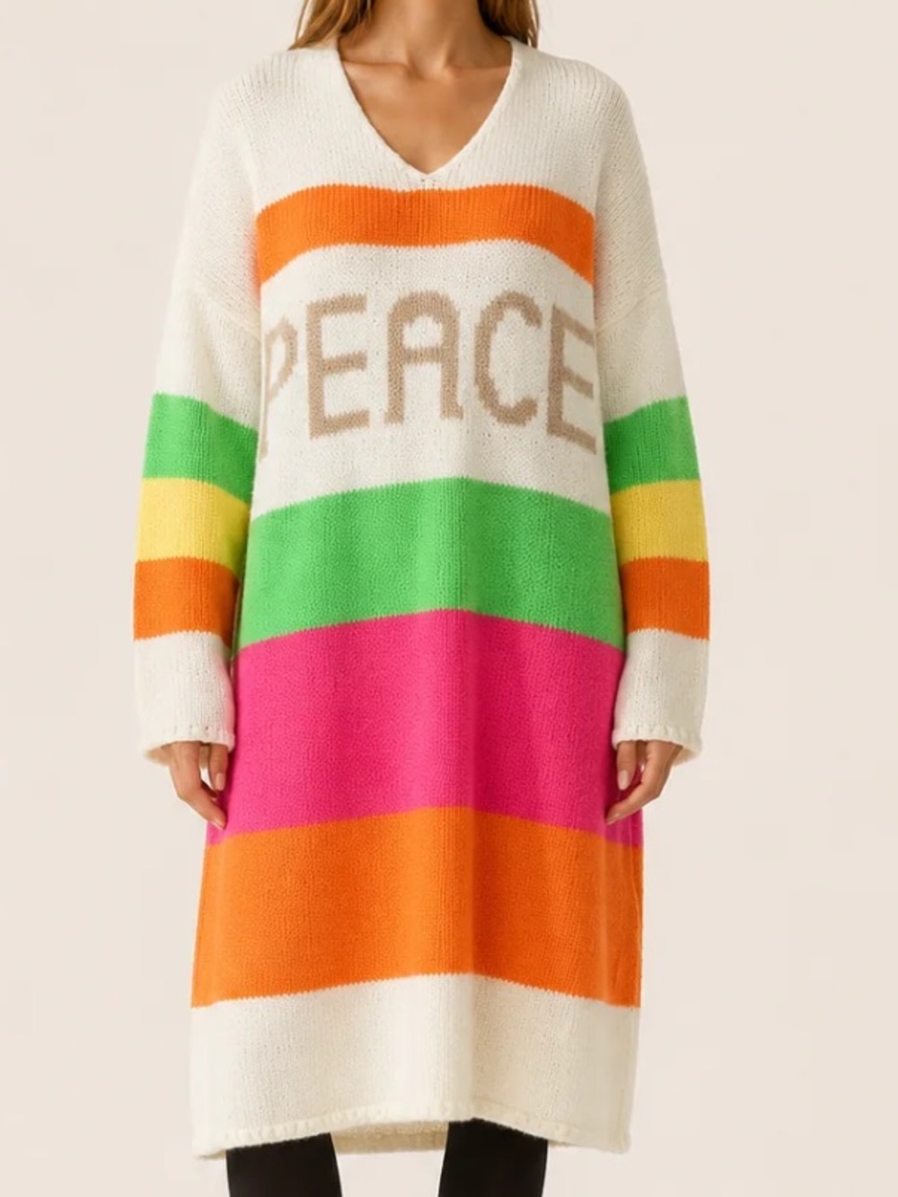5X Cream V-Neck Sweater Dress with Orange, Pink, Green & Yellow Stripes
